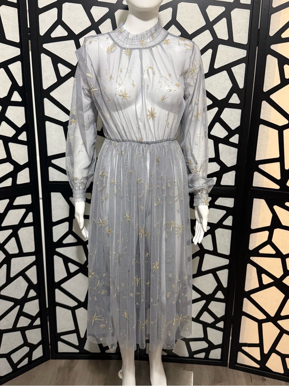 Golden Trend Mesh Moon and Stars Midi Dress in Silver - XL